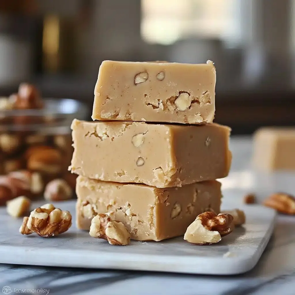 Creamy maple walnut fudge piece on a wooden surface