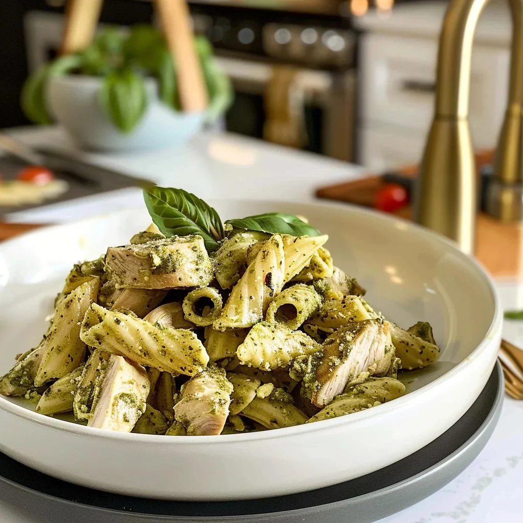 Creamy pesto chicken pasta dish with fresh ingredients
