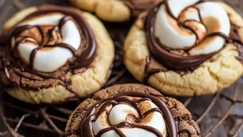 Decadent chocolate marshmallow swirl cookies on a cooling rack.