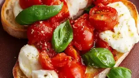 Delicious burrata bruschetta topped with fresh ingredients on a toasted bread slice