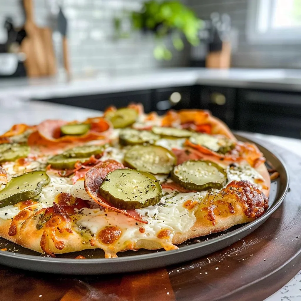 Homemade pickle pizza topped with fresh ingredients and pickles