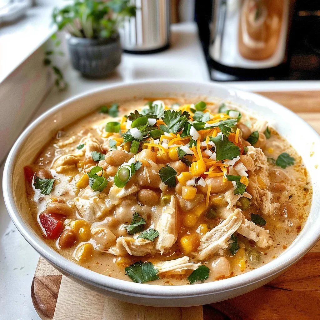 Bowl of delicious white chicken chili topped with cilantro and jalapeños