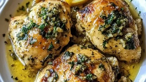 Dijon Chicken cooked in garlic wine sauce, garnished elegantly on a plate.