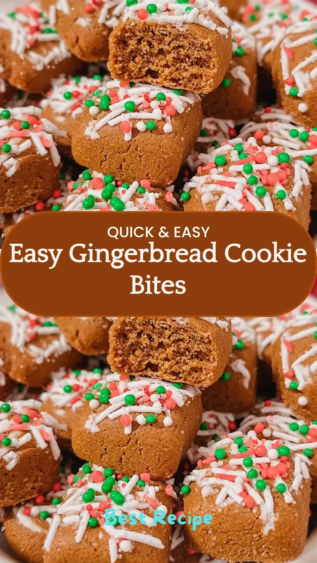 Plate of easy gingerbread cookie bites decorated with icing and sprinkles