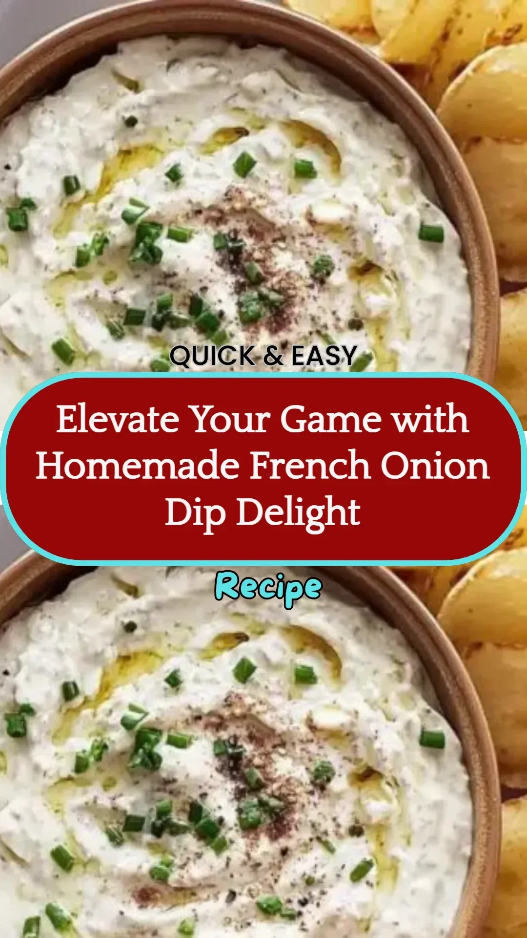 Bowl of homemade French onion dip served with crunchy chips and fresh vegetables.
