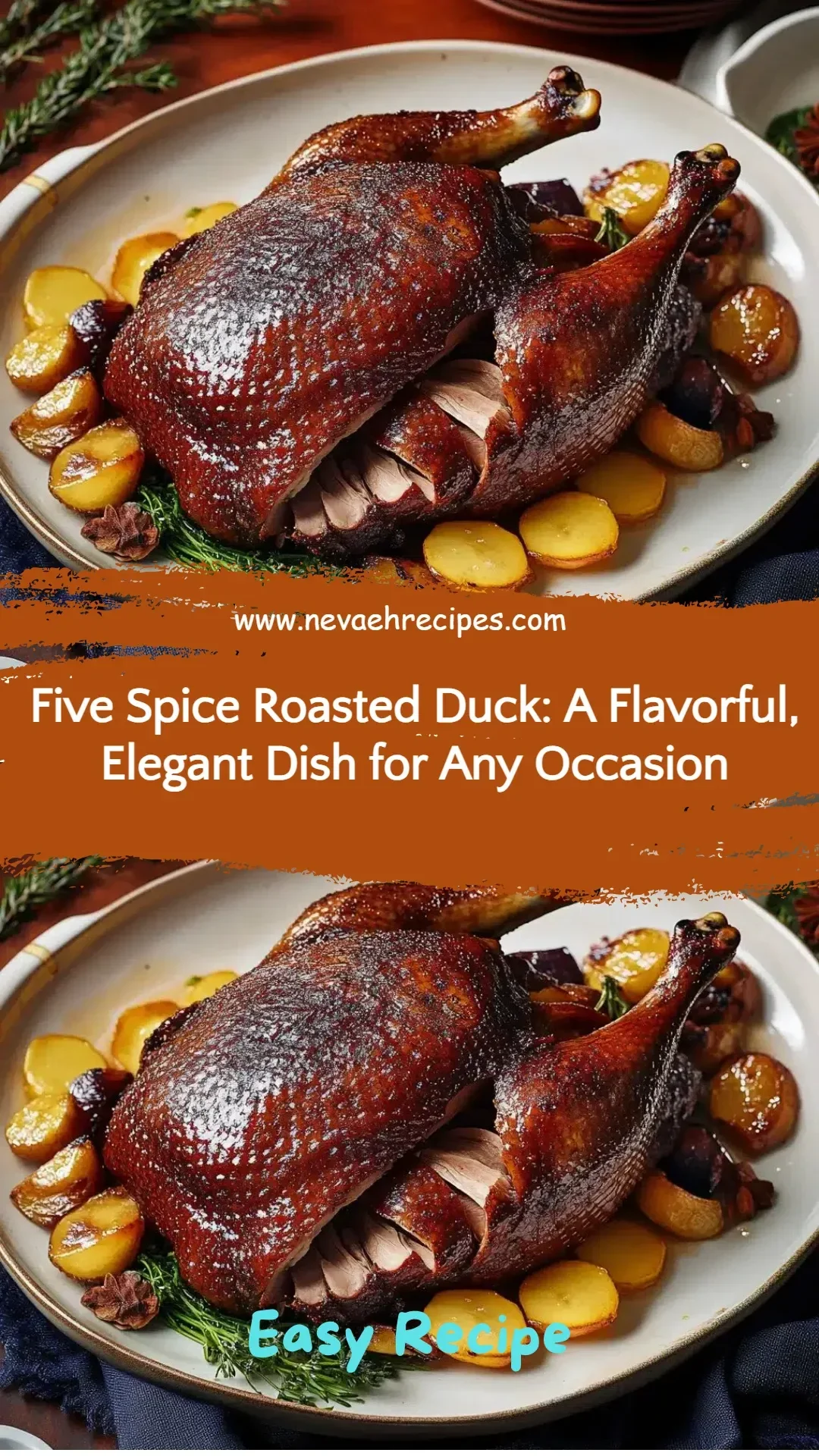 Juicy Five Spice Roasted Duck served on a platter with garnishes