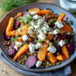 Flavorful roasted beet salad with lentils, carrots, feta, yogurt, and dill