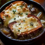 French Onion Short Rib Soup garnished with cheesy Gruyère toast