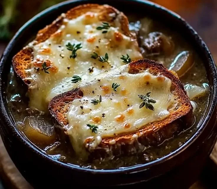 French Onion Short Rib Soup garnished with cheesy Gruyère toast