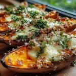 Crispy Garlic Parmesan Sweet Potato Wedges served on a plate