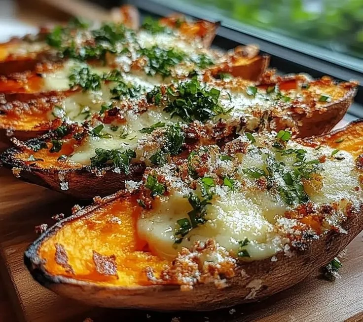 Crispy Garlic Parmesan Sweet Potato Wedges served on a plate