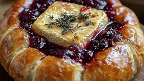 Gooey baked brie in a bread bowl with cranberry sauce and thyme