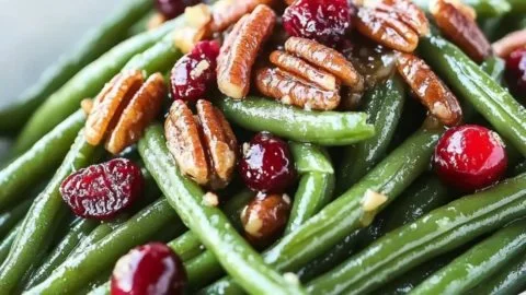 Plate of green beans with honey pecan butter and cranberries garnish