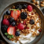 Delicious healthy yogurt granola bowl with fresh fruits and nuts