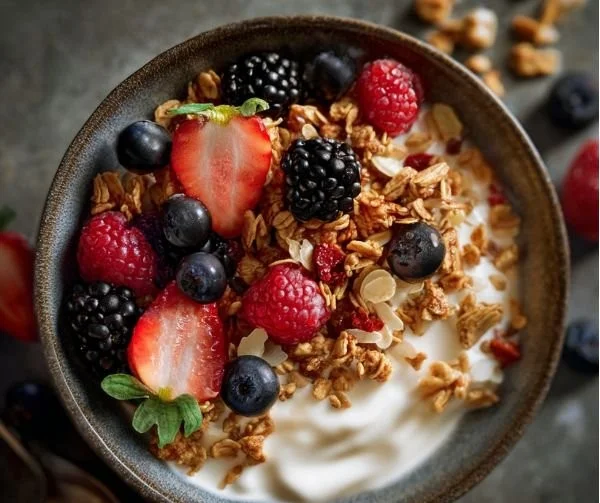 Delicious healthy yogurt granola bowl with fresh fruits and nuts