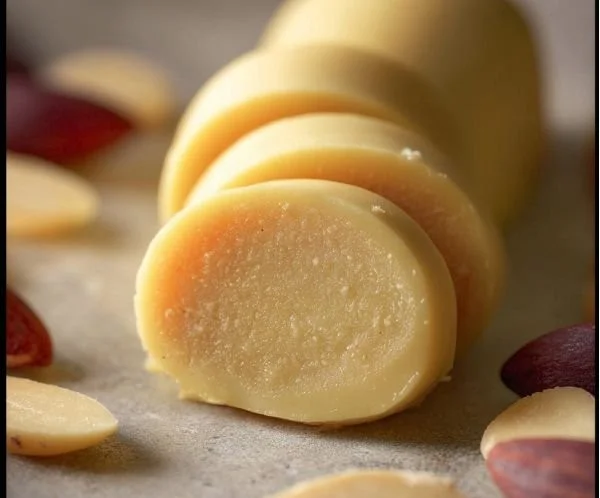 Homemade marzipan on a wooden surface, ready for decorating desserts.