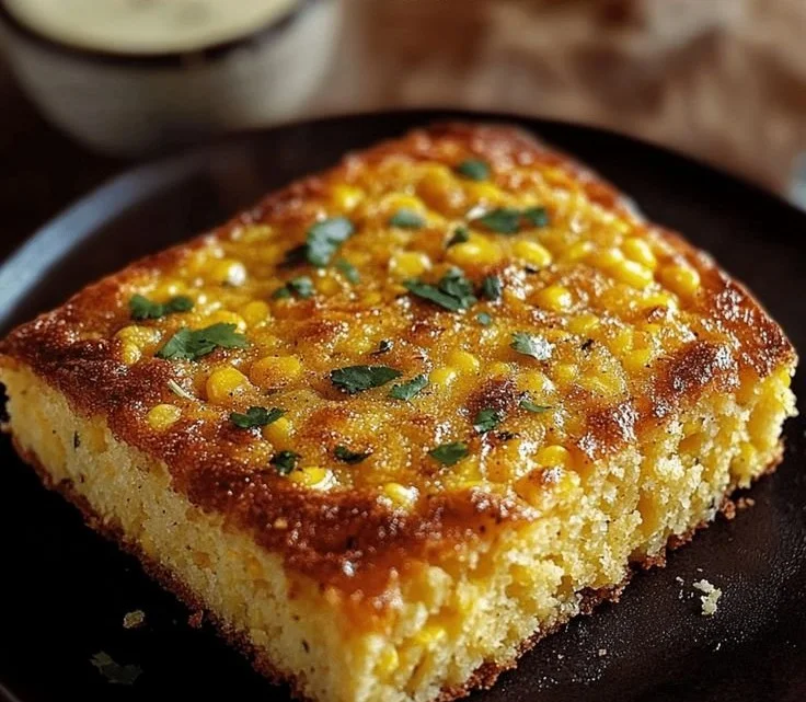 Delicious slice of homemade Mexican cornbread served on a wooden table.