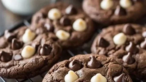 Freshly baked triple chocolate chip cookies on a cooling rack