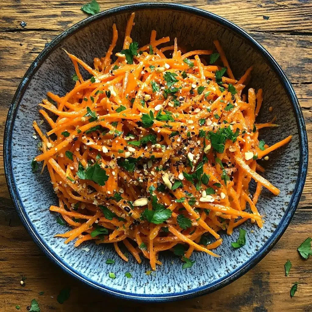 Delicious carrot salad drizzled with honey mustard dressing served in a bowl