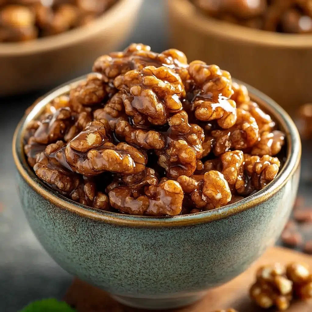Bowl of irresistible toffee walnuts, a sweet and crunchy treat everyone loves.