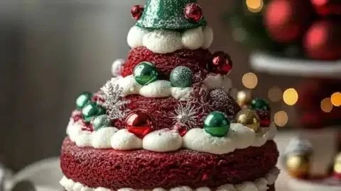 Festive red velvet Christmas tree cake with creamy frosting and decorations