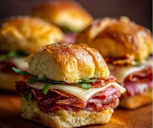 Italian sandwich sliders with layers of cheese, meats, and fresh herbs