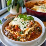 A delicious bowl of lasagna soup topped with cheese and herbs.