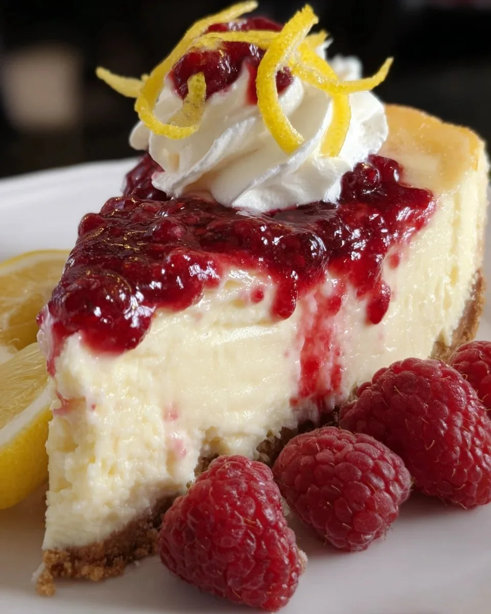 Delicious Lemon Raspberry Cheesecake topped with fresh raspberries and lemon zest.