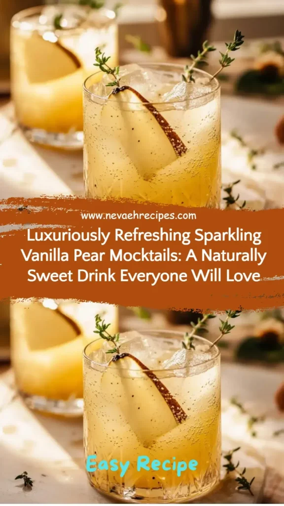 Sparkling vanilla pear mocktails garnished with fresh pears and herbs