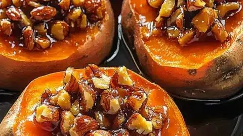 Deliciously prepared Maple Walnut Sweet Potatoes with a crunchy topping.
