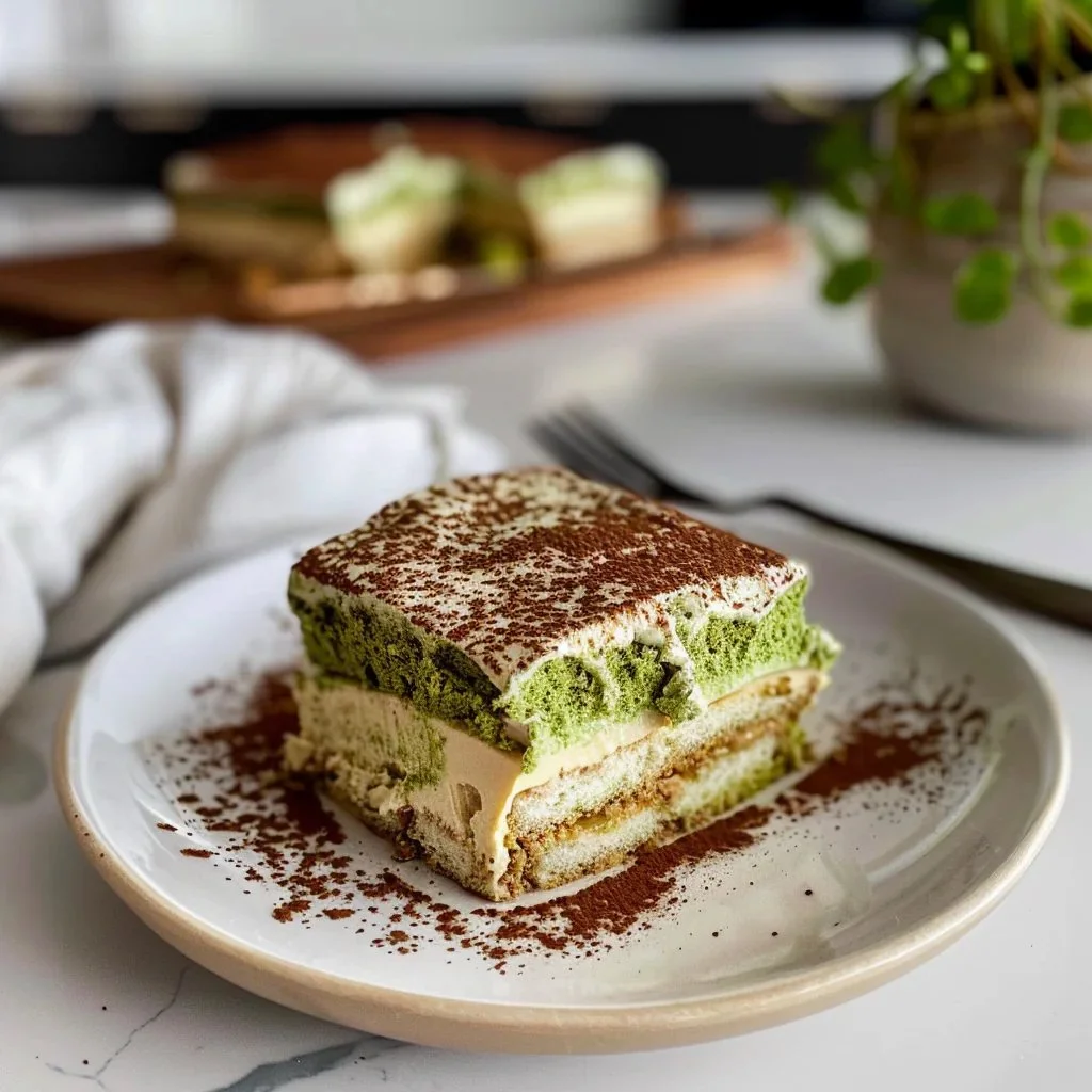 Delicious Matcha Tiramisu dessert served in a glass