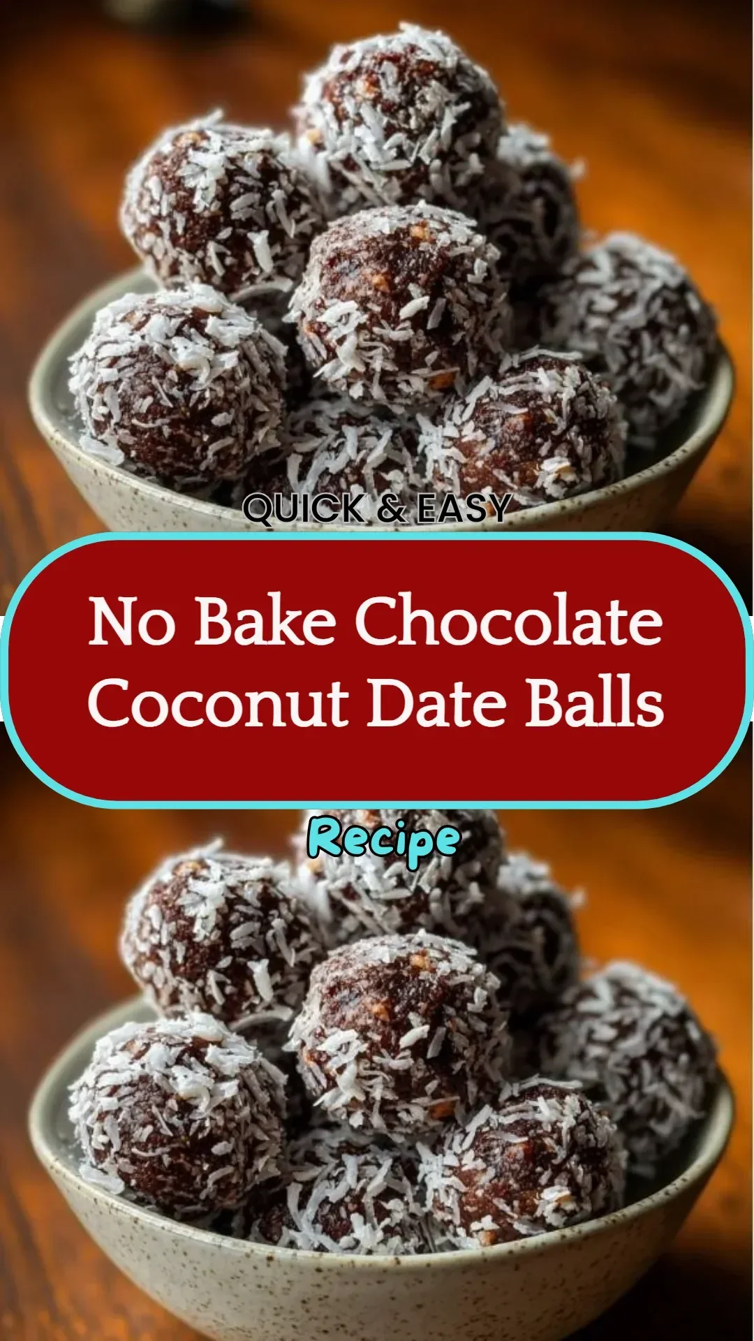Delicious no bake chocolate coconut date balls on a rustic wooden table.
