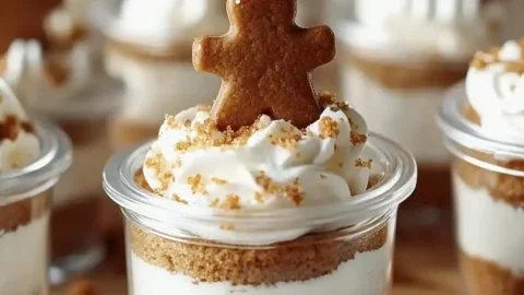 No-bake gingerbread cheesecake cups topped with festive decorations
