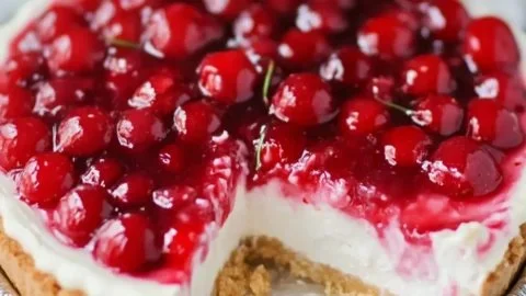 Delicious no-bake old-fashioned cherry cheesecake topped with fresh cherries