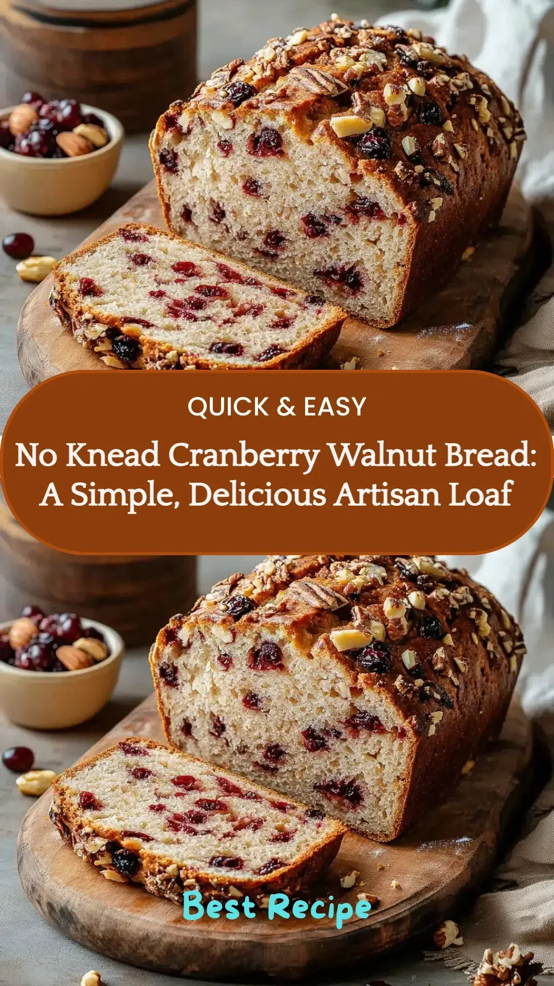 Freshly baked No Knead Cranberry Walnut Bread with a golden crust and fruit