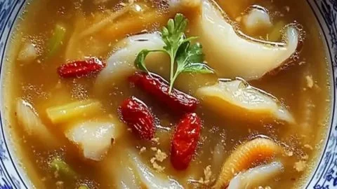 Rich fish maw soup with bamboo shoots and goji berries in a bowl