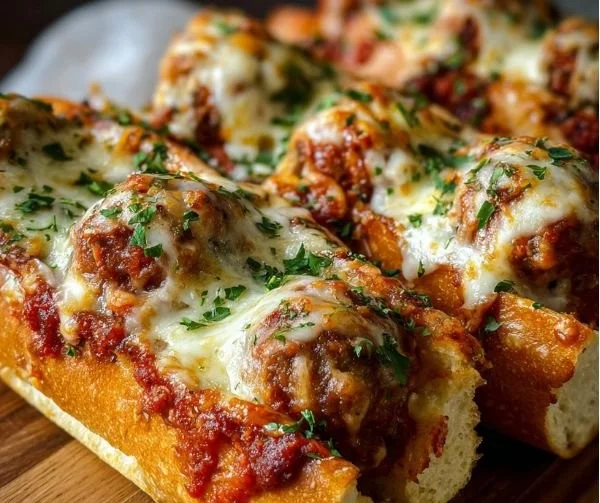 Oven baked meatball sandwiches served on a plate with melted cheese and marinara sauce.