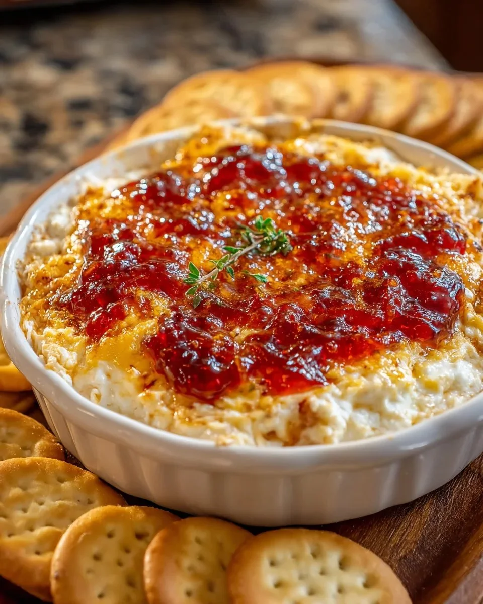 Delicious Pepper Jelly Cheese Dip served with crackers