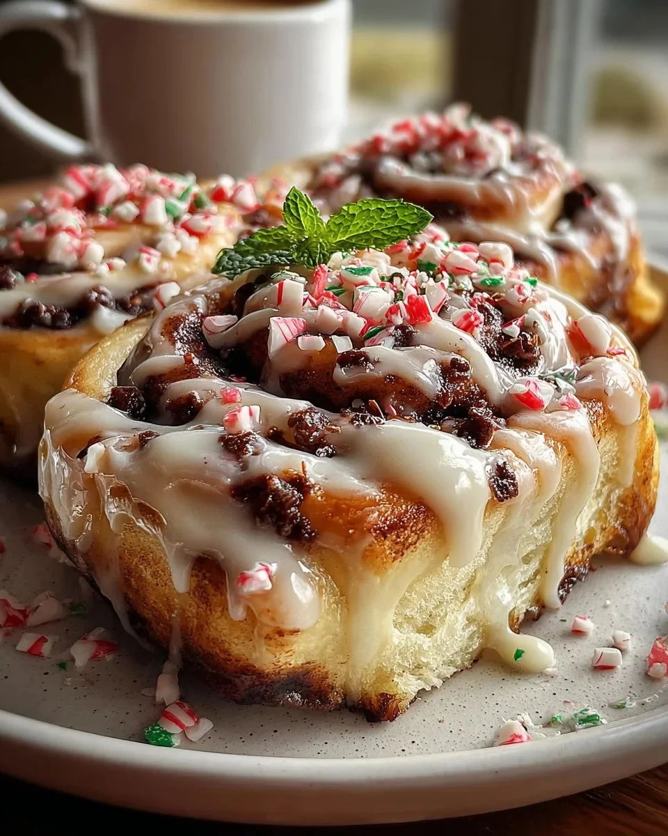 Decadent peppermint bark cinnamon rolls topped with crushed peppermint.