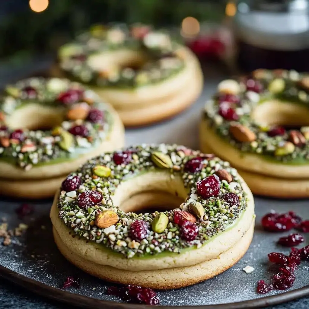 Pistachio Cranberry Wreath Cookies displayed on a festive plate for holiday celebrations