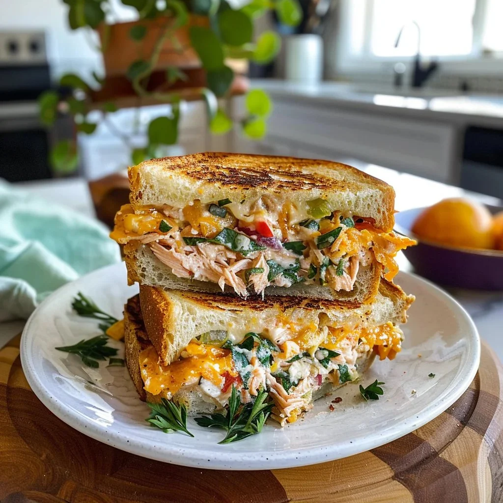 Delicious homemade tuna melt on toasted bread with melted cheese