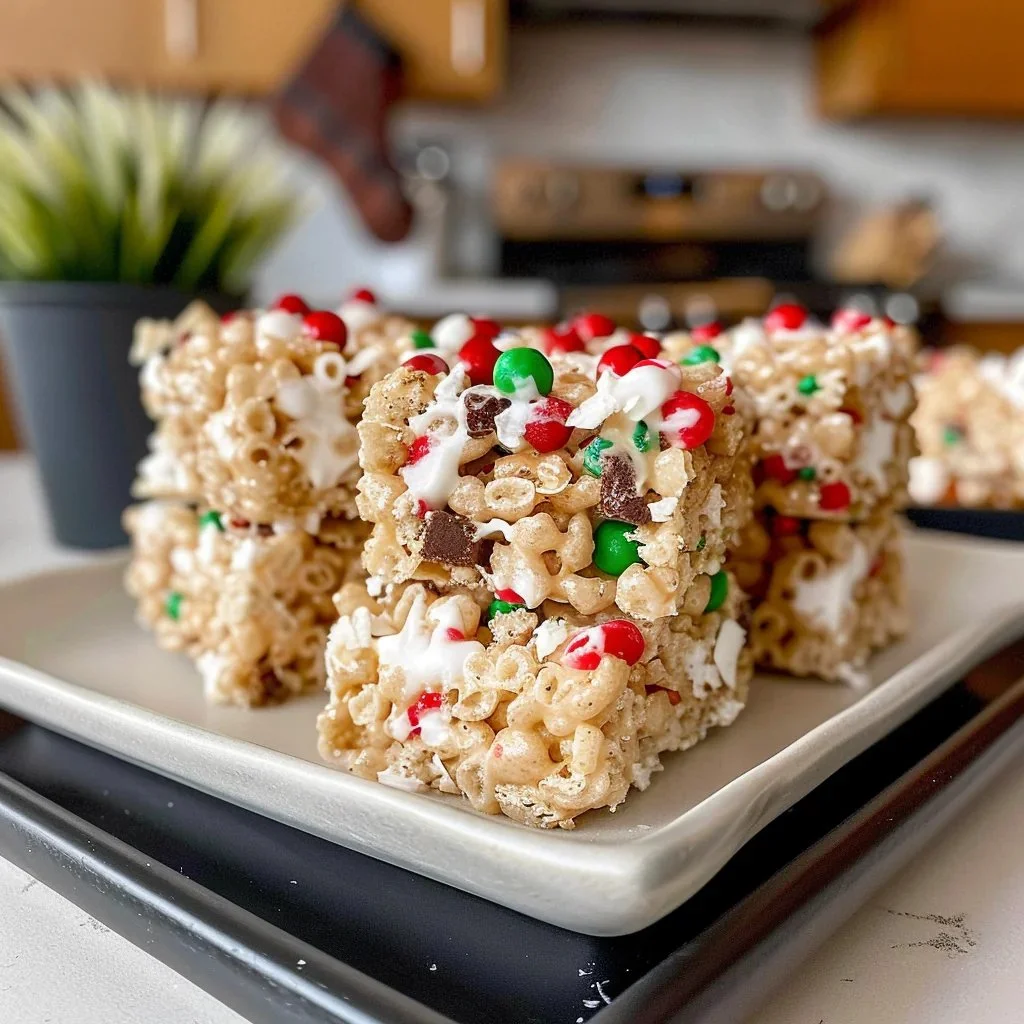 Festive Rice Krispie Christmas Treats decorated with holiday sprinkles.