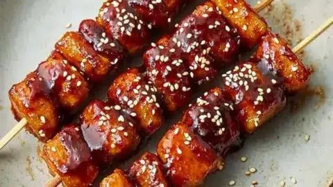 Delicious Korean rice cake and sausage skewers ready for a fun feast
