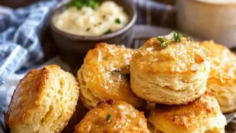 Honey garlic parmesan biscuits served on a plate with herbs