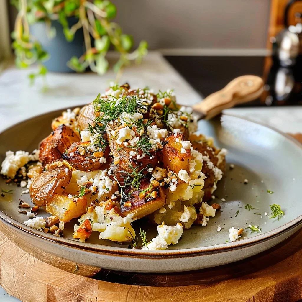 Plate of crispy smashed potatoes topped with feta cheese and herbs
