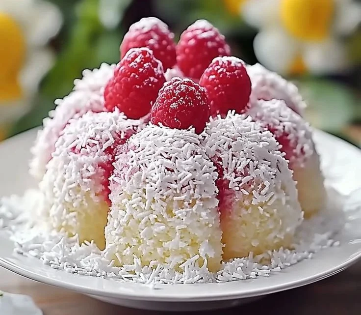 Homemade Snowball Cake topped with coconut flakes and frosting