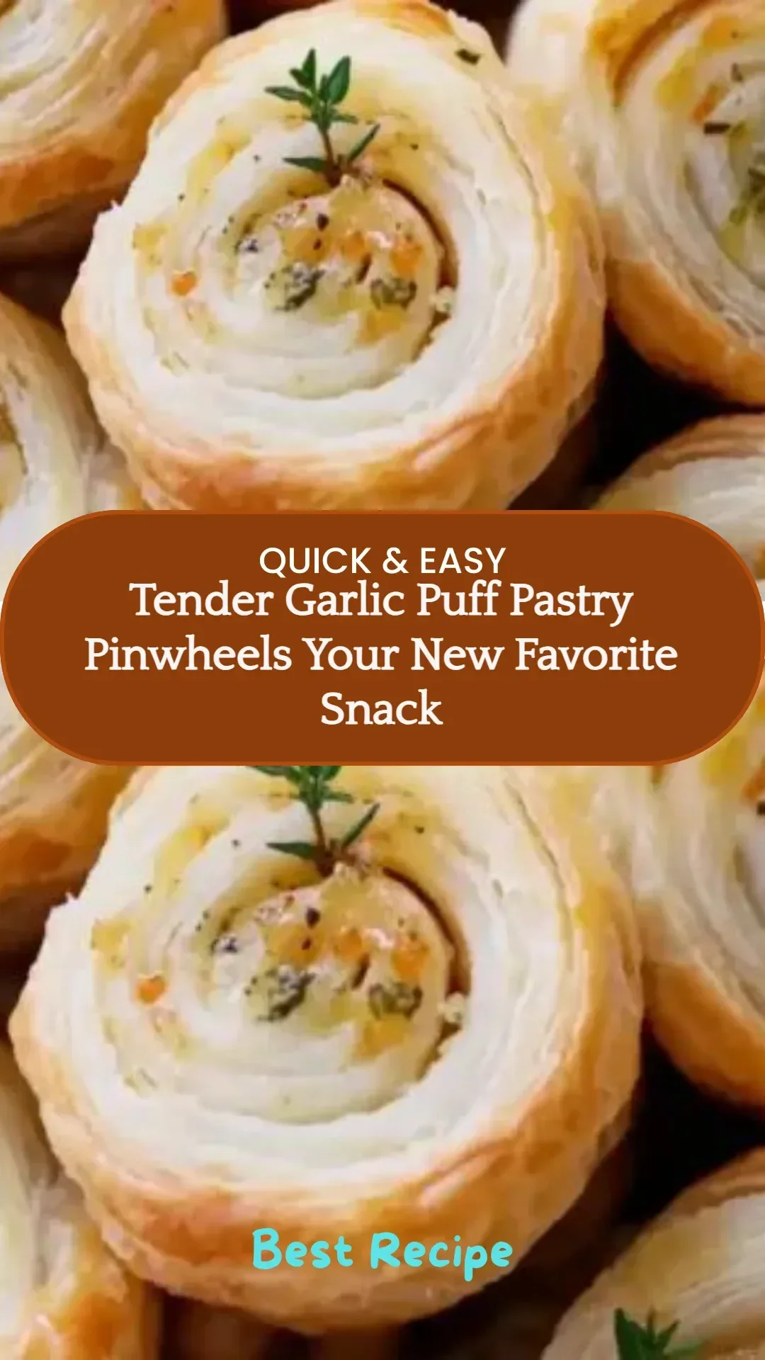 Tender garlic puff pastry pinwheels on a rustic wooden board