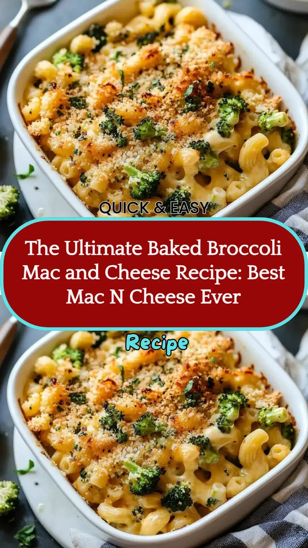 Baked broccoli mac and cheese with gooey cheese and vibrant broccoli florets.