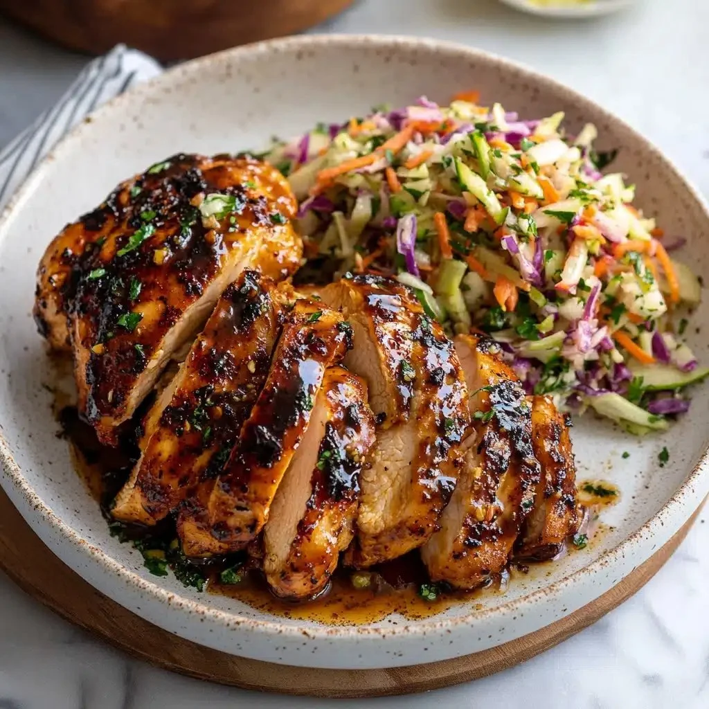 Sticky apple cider chicken served with autumn slaw on a rustic table