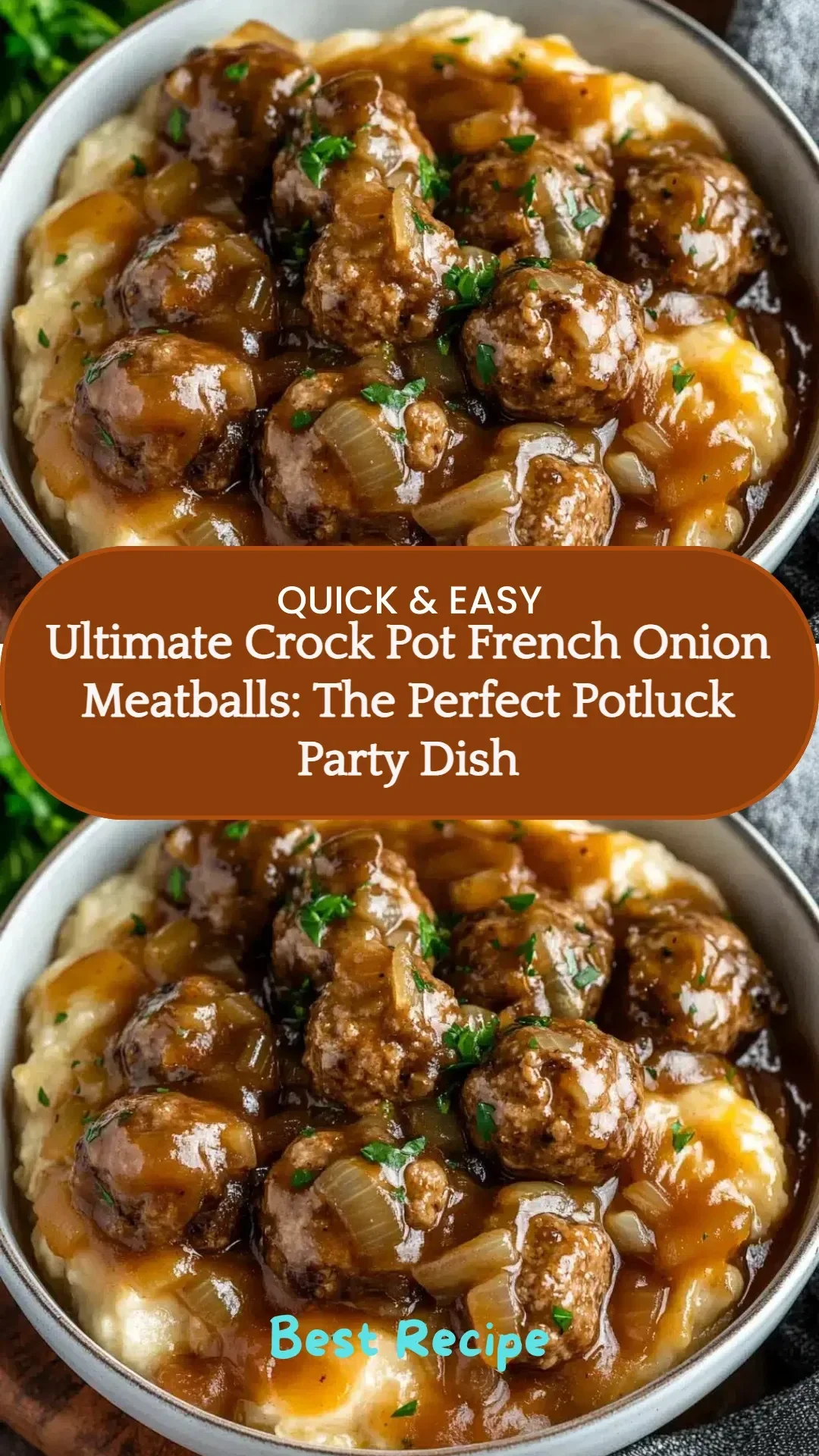 Crock Pot French onion meatballs served in a bowl at a potluck party